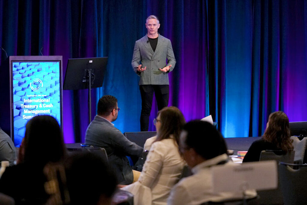 Andrew Webster delivers the workshop Work Better With AI to a crowd of global treasury and senior finance leaders at EuroFinance’s Annual International Treasury & Cash Management Summit.